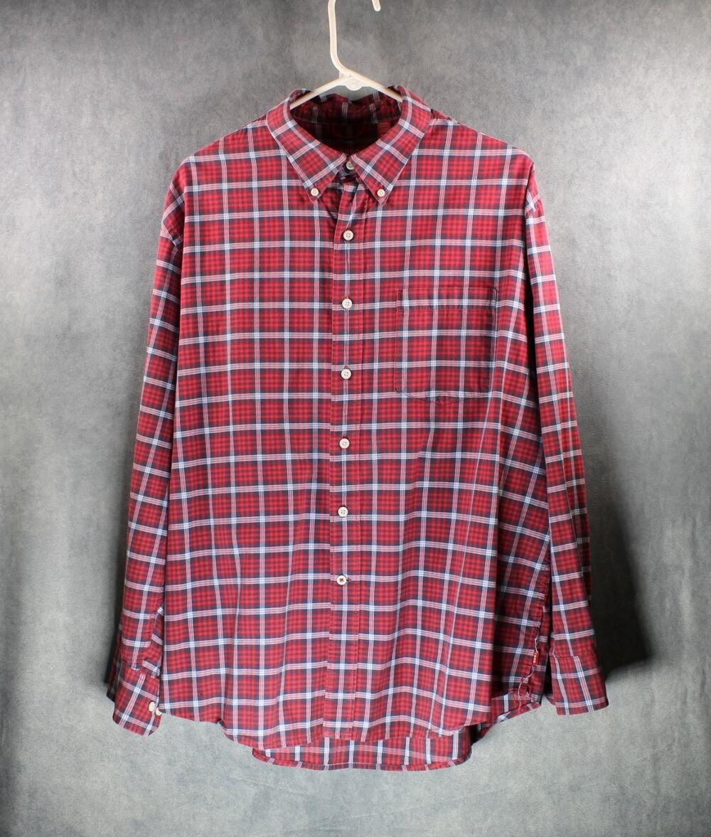 IZOD Mens XL Red Plaid Long Sleeve Button Down Shirt Pocket Casual Check XL